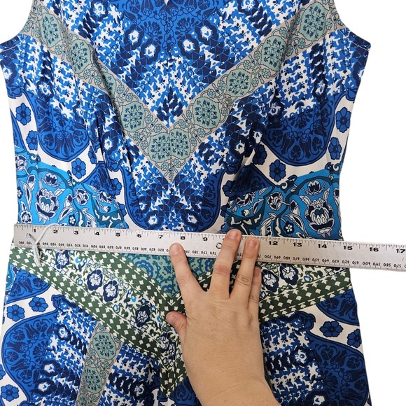 eShakti Women's Blue Tile Print Sleeveless V Neck Midi Dress with Pockets - Picture 8 of 10